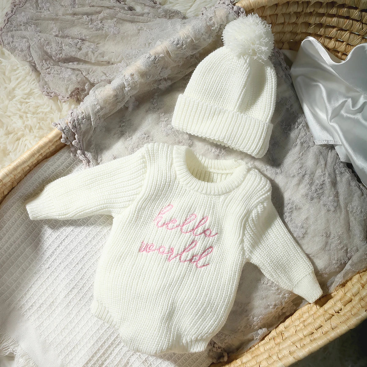 Hello World Knitting Newborn Photography Romper with Matching Pomp Hat Baby Boy Girl Sweater Outfits for Photo Shooting