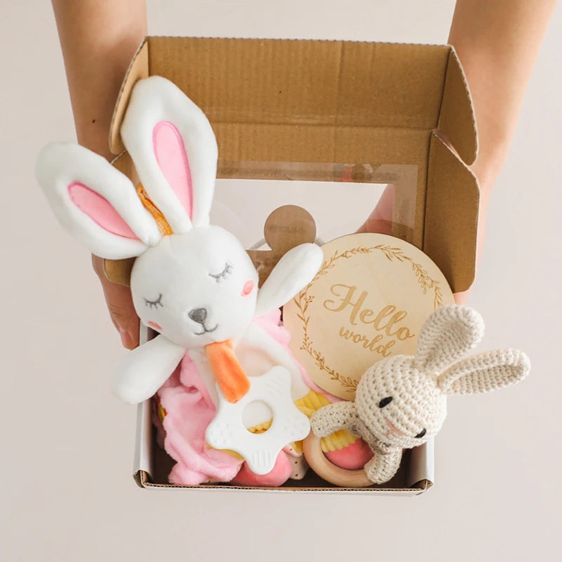 Baby Rattle & Teether Set – Soft Cotton Animal Toy with Crochet Sensory Doll