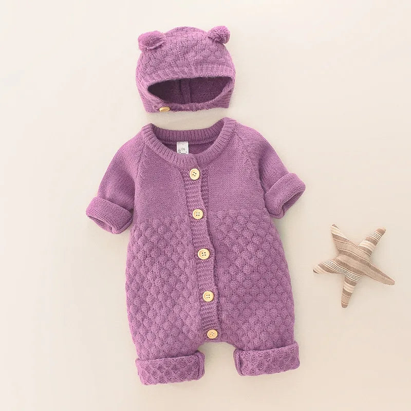Infant Newborn Baby 2PCS Winter Warm Outfits, Long Sleeve Solid Color Knitted Romper + Bear Hat Set