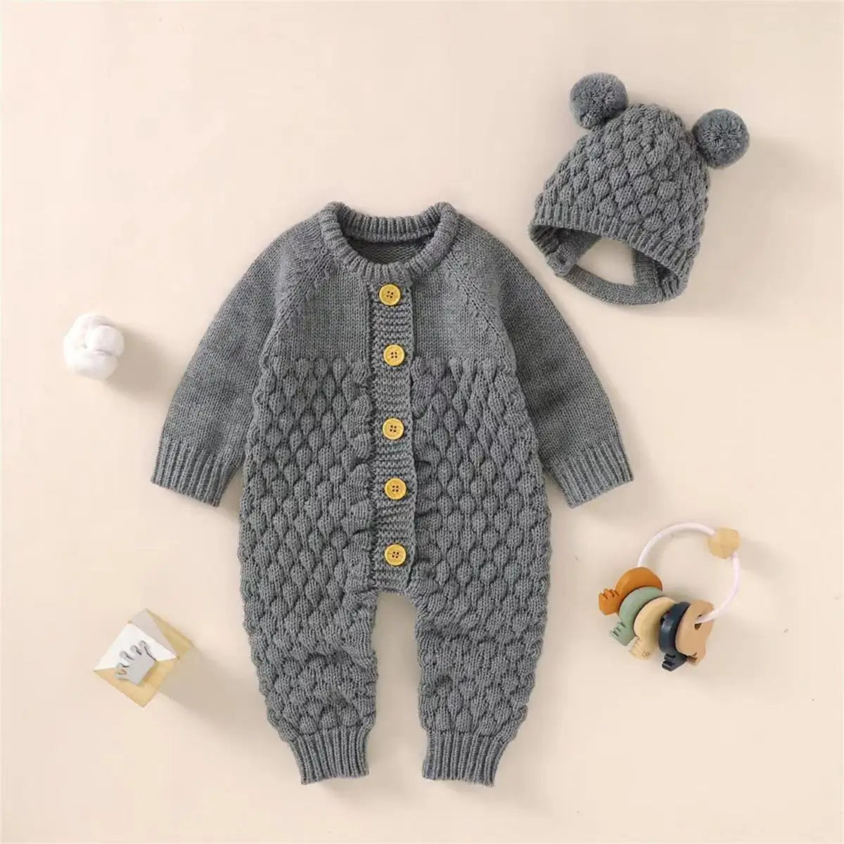 Infant Newborn Baby 2PCS Winter Warm Outfits, Long Sleeve Solid Color Knitted Romper + Bear Hat Set