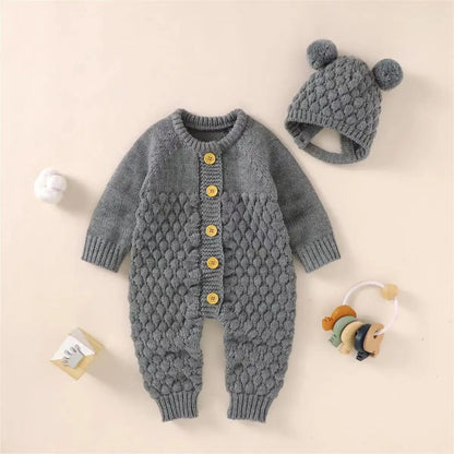 Infant Newborn Baby 2PCS Winter Warm Outfits, Long Sleeve Solid Color Knitted Romper + Bear Hat Set