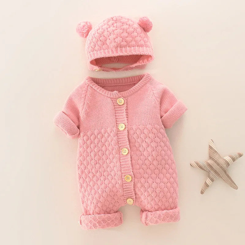 Infant Newborn Baby 2PCS Winter Warm Outfits, Long Sleeve Solid Color Knitted Romper + Bear Hat Set
