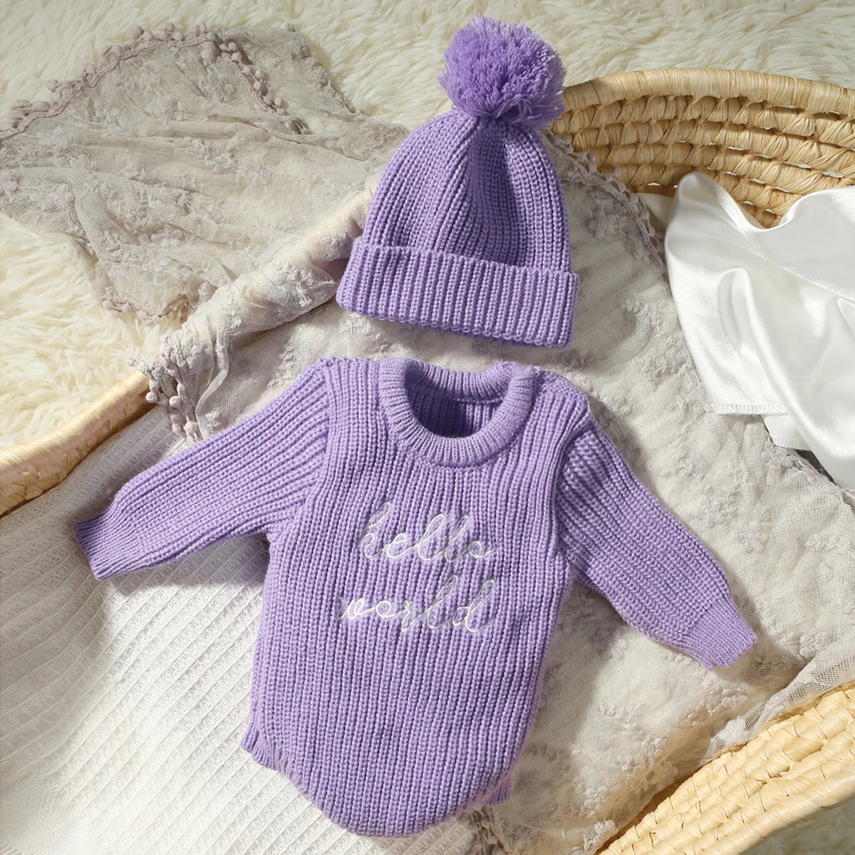 Hello World Knitting Newborn Photography Romper with Matching Pomp Hat Baby Boy Girl Sweater Outfits for Photo Shooting