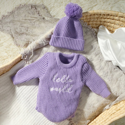 Hello World Knitting Newborn Photography Romper with Matching Pomp Hat Baby Boy Girl Sweater Outfits for Photo Shooting