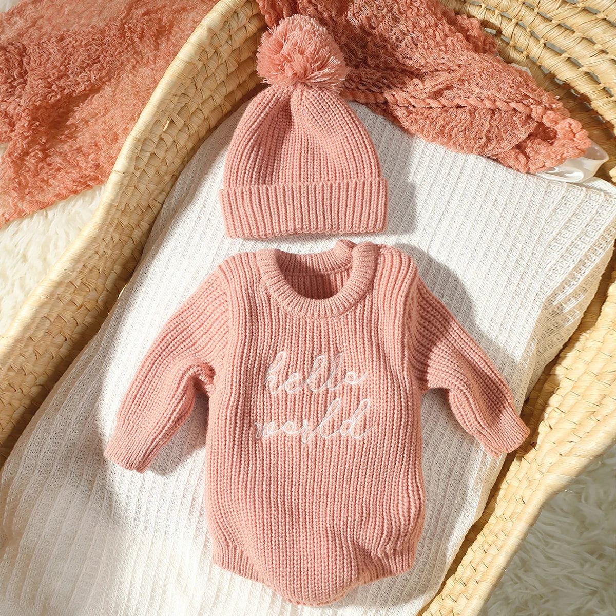 Hello World Knitting Newborn Photography Romper with Matching Pomp Hat Baby Boy Girl Sweater Outfits for Photo Shooting