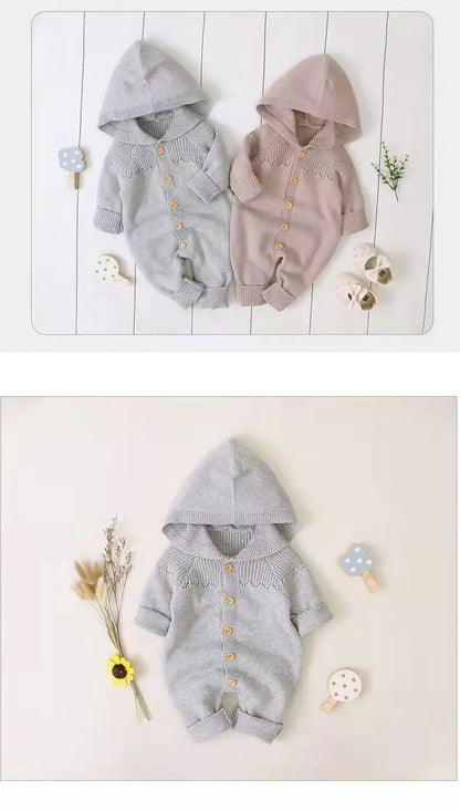 Infant Newborn Baby 2PCS Winter Warm Outfits, Long Sleeve Solid Color Knitted Romper + Bear Hat Set