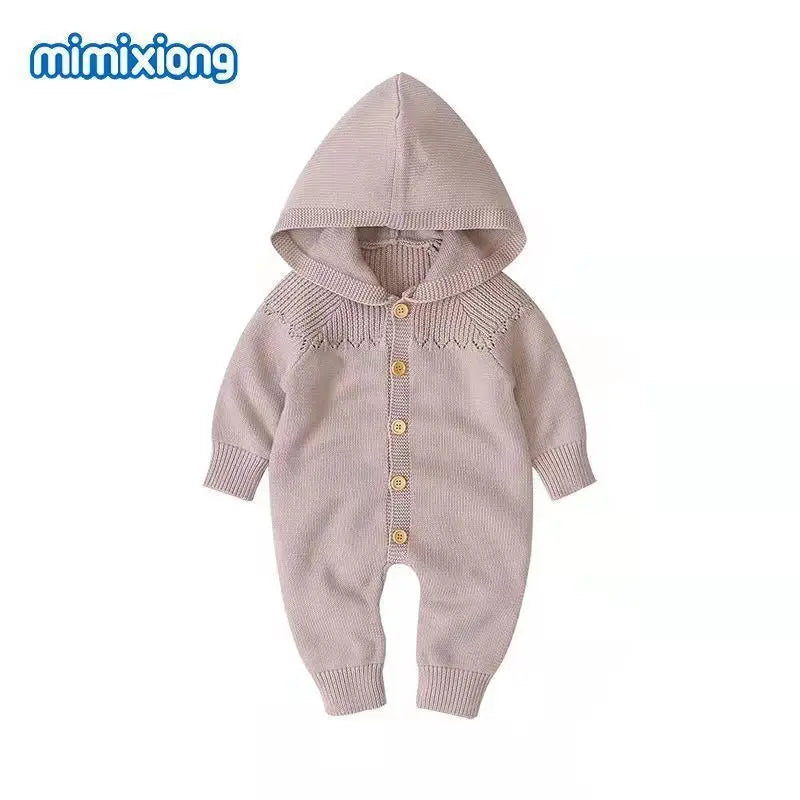 Infant Newborn Baby 2PCS Winter Warm Outfits, Long Sleeve Solid Color Knitted Romper + Bear Hat Set
