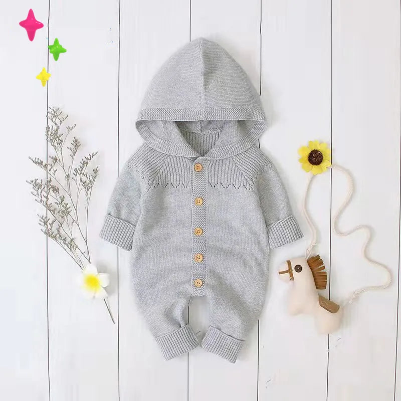 Infant Newborn Baby 2PCS Winter Warm Outfits, Long Sleeve Solid Color Knitted Romper + Bear Hat Set