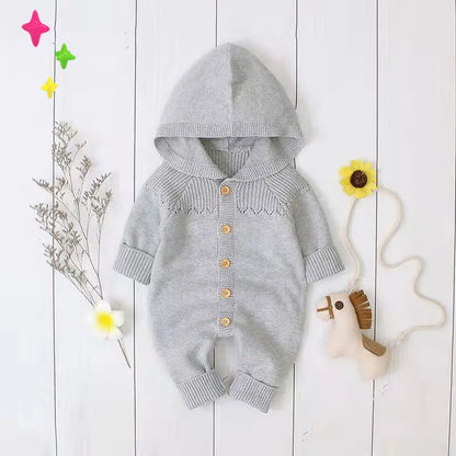 Infant Newborn Baby 2PCS Winter Warm Outfits, Long Sleeve Solid Color Knitted Romper + Bear Hat Set