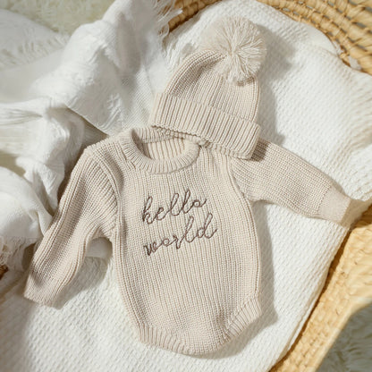 Hello World Knitting Newborn Photography Romper with Matching Pomp Hat Baby Boy Girl Sweater Outfits for Photo Shooting