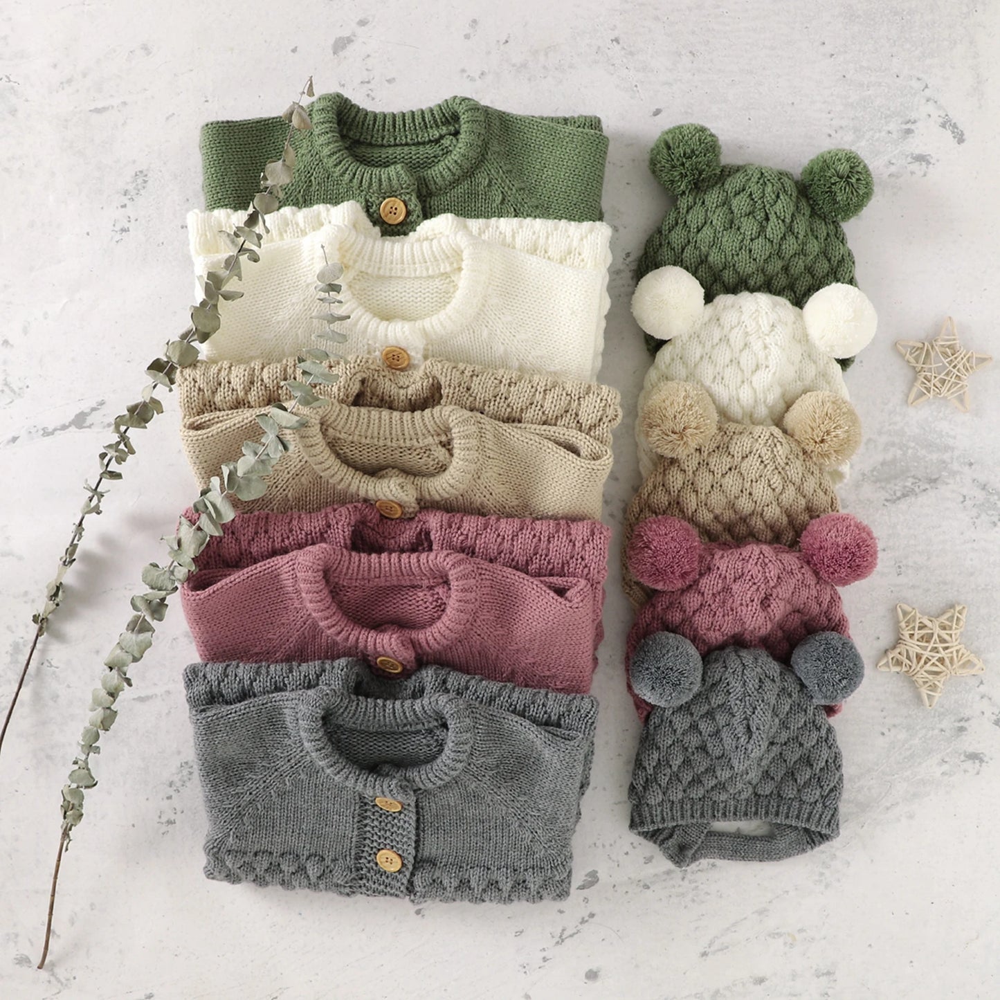 Infant Newborn Baby 2PCS Winter Warm Outfits, Long Sleeve Solid Color Knitted Romper + Bear Hat Set