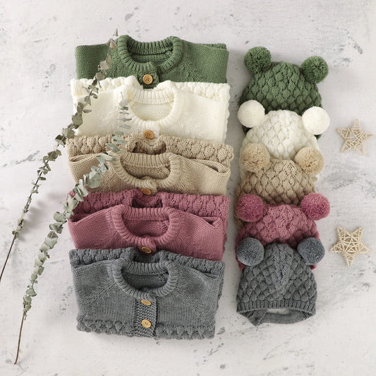 Infant Newborn Baby 2PCS Winter Warm Outfits, Long Sleeve Solid Color Knitted Romper + Bear Hat Set