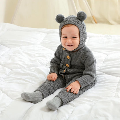 Infant Newborn Baby 2PCS Winter Warm Outfits, Long Sleeve Solid Color Knitted Romper + Bear Hat Set