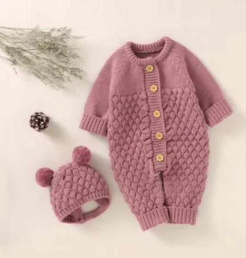 Infant Newborn Baby 2PCS Winter Warm Outfits, Long Sleeve Solid Color Knitted Romper + Bear Hat Set