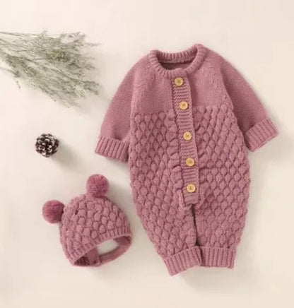 Infant Newborn Baby 2PCS Winter Warm Outfits, Long Sleeve Solid Color Knitted Romper + Bear Hat Set