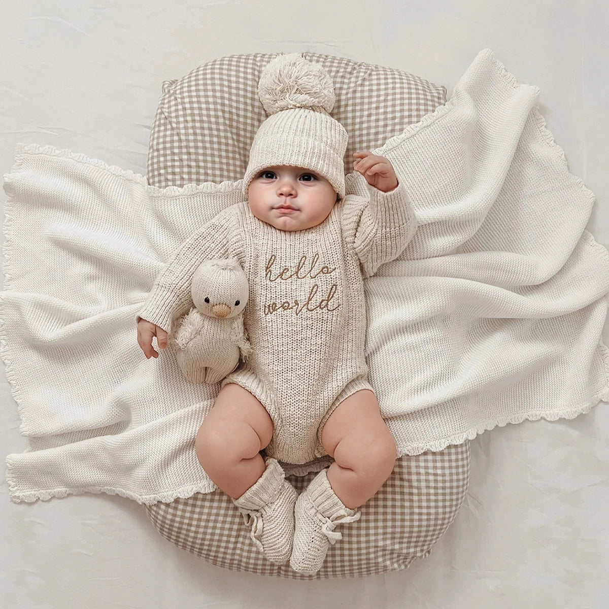 Hello World Knitting Newborn Photography Romper with Matching Pomp Hat Baby Boy Girl Sweater Outfits for Photo Shooting