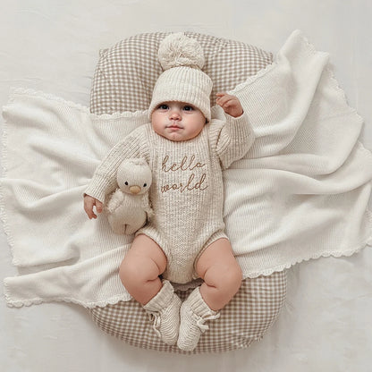 Hello World Knitting Newborn Photography Romper with Matching Pomp Hat Baby Boy Girl Sweater Outfits for Photo Shooting