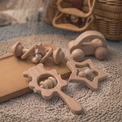 Baby Wooden Rattle Set – Musical Animal Teething Toys, Montessori Gift