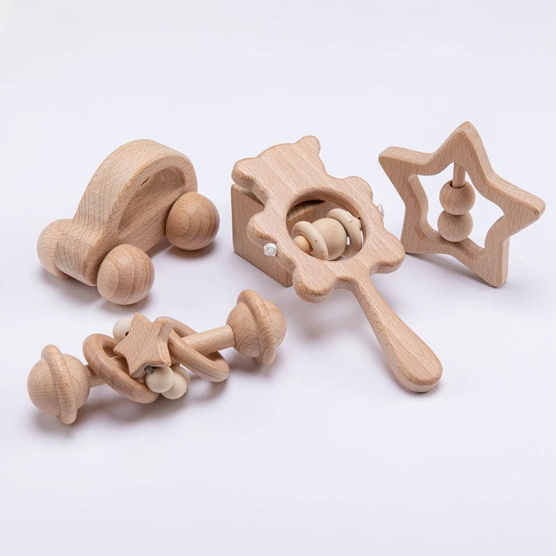Baby Wooden Rattle Set – Musical Animal Teething Toys, Montessori Gift