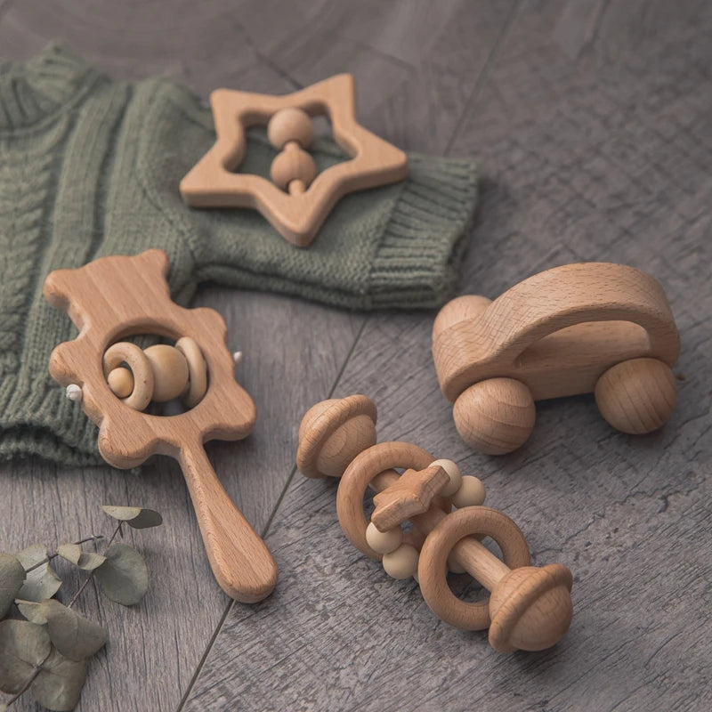 Baby Wooden Rattle Set – Musical Animal Teething Toys, Montessori Gift