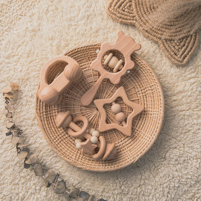 Baby Wooden Rattle Set – Musical Animal Teething Toys, Montessori Gift