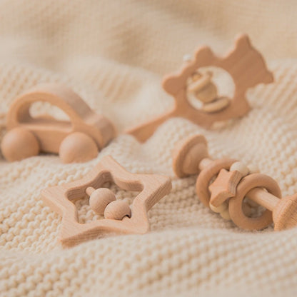 Baby Wooden Rattle Set – Musical Animal Teething Toys, Montessori Gift