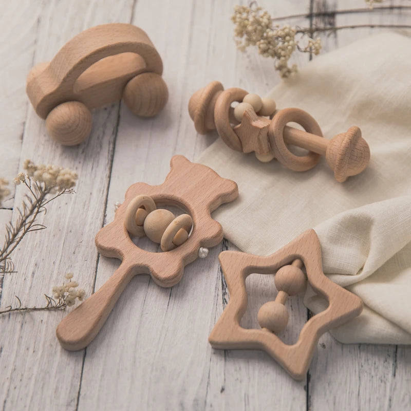 Baby Wooden Rattle Set – Musical Animal Teething Toys, Montessori Gift