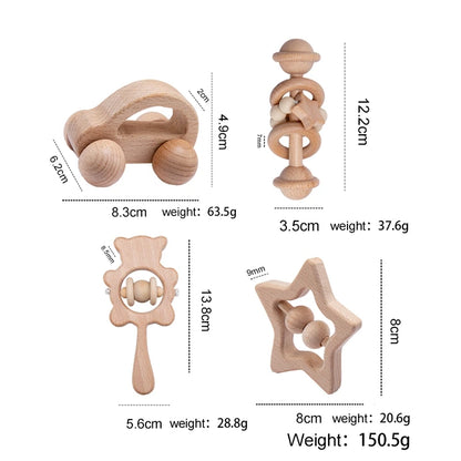 Baby Wooden Rattle Set – Musical Animal Teething Toys, Montessori Gift