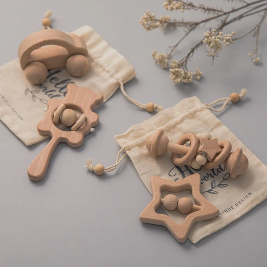 Baby Wooden Rattle Set – Musical Animal Teething Toys, Montessori Gift