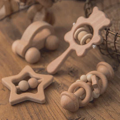 Baby Wooden Rattle Set – Musical Animal Teething Toys, Montessori Gift