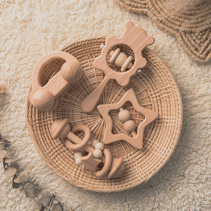 Baby Wooden Rattle Set – Musical Animal Teething Toys, Montessori Gift