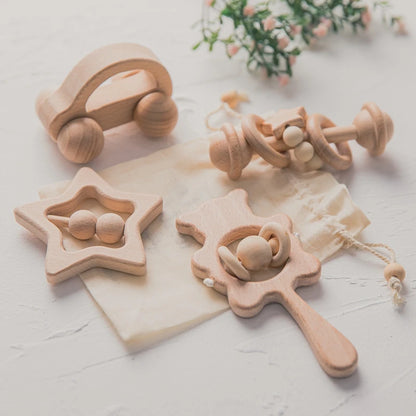 Baby Wooden Rattle Set – Musical Animal Teething Toys, Montessori Gift