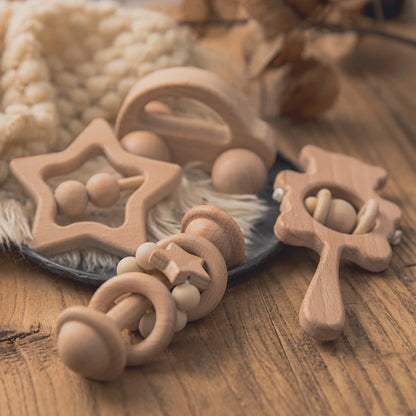 Baby Wooden Rattle Set – Musical Animal Teething Toys, Montessori Gift