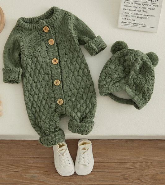 2PCS Infant Winter Outfit – Baby Knitted Jumpsuit with Bear Hat
