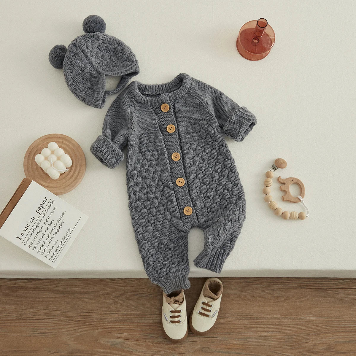 2PCS Infant Winter Outfit – Baby Knitted Jumpsuit with Bear Hat