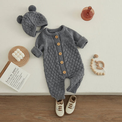2PCS Infant Winter Outfit – Baby Knitted Jumpsuit with Bear Hat