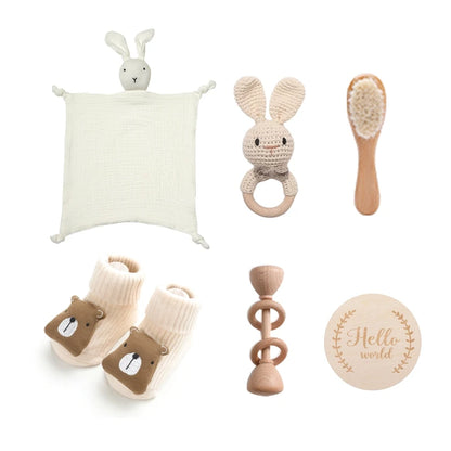7 PCS Baby Shower Gift Set – Double-Sided Cotton Blanket, Bath Accessories & Wooden Crochet Rattle