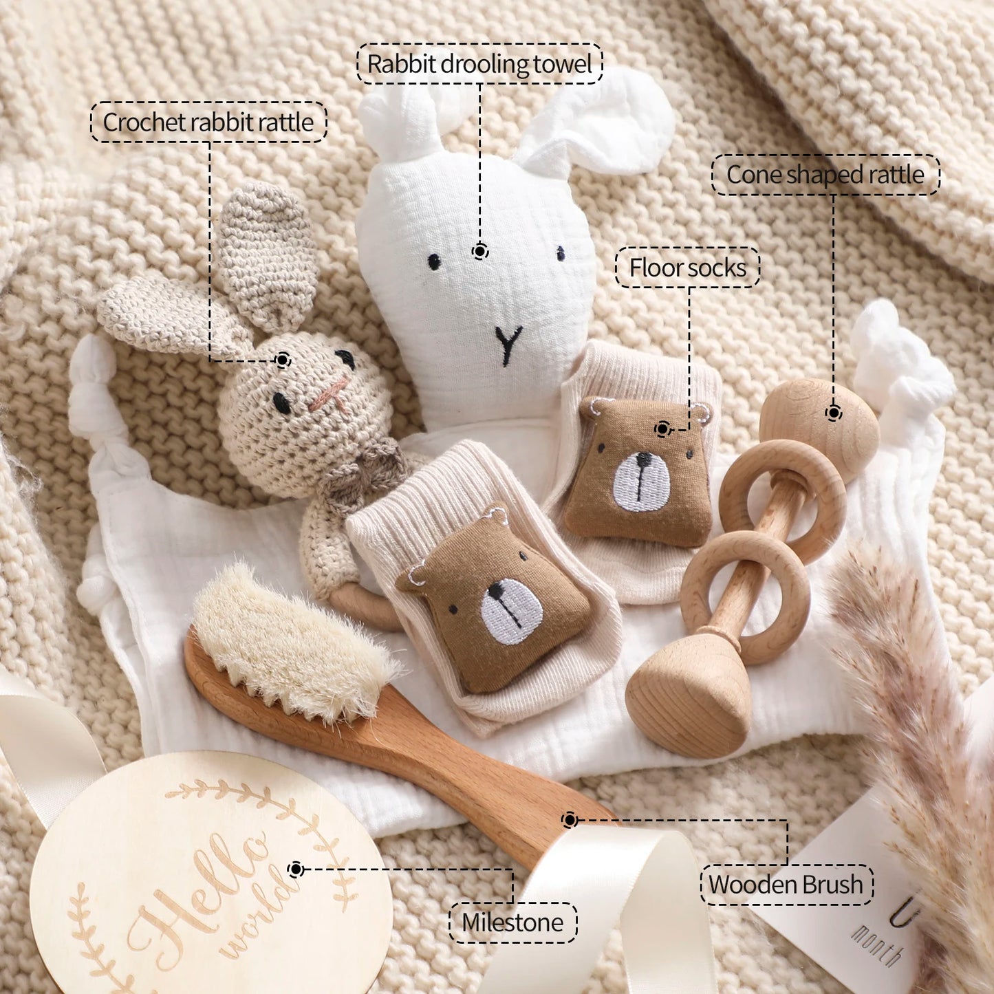 7 PCS Baby Shower Gift Set – Double-Sided Cotton Blanket, Bath Accessories & Wooden Crochet Rattle