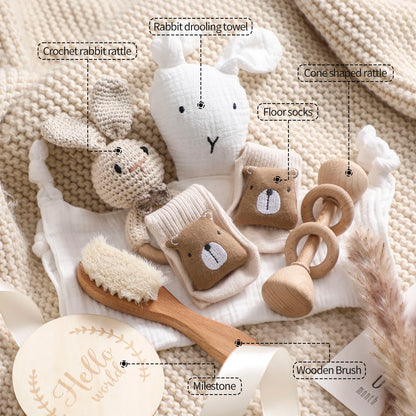 7 PCS Baby Shower Gift Set – Double-Sided Cotton Blanket, Bath Accessories & Wooden Crochet Rattle