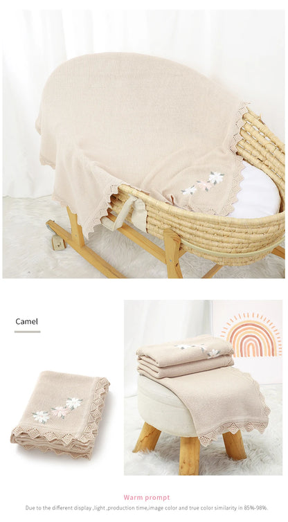 Floral Embroidered Baby Cotton Blanket – Knitted Newborn Cover