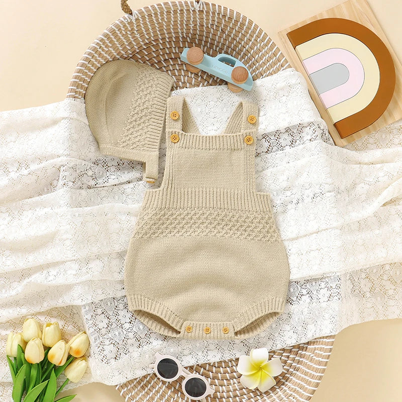 Baby Bodysuit Set (2pcs) – Sleeveless Solid Color Romper + Hat