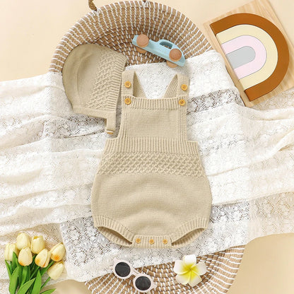 Baby Bodysuit Set (2pcs) – Sleeveless Solid Color Romper + Hat