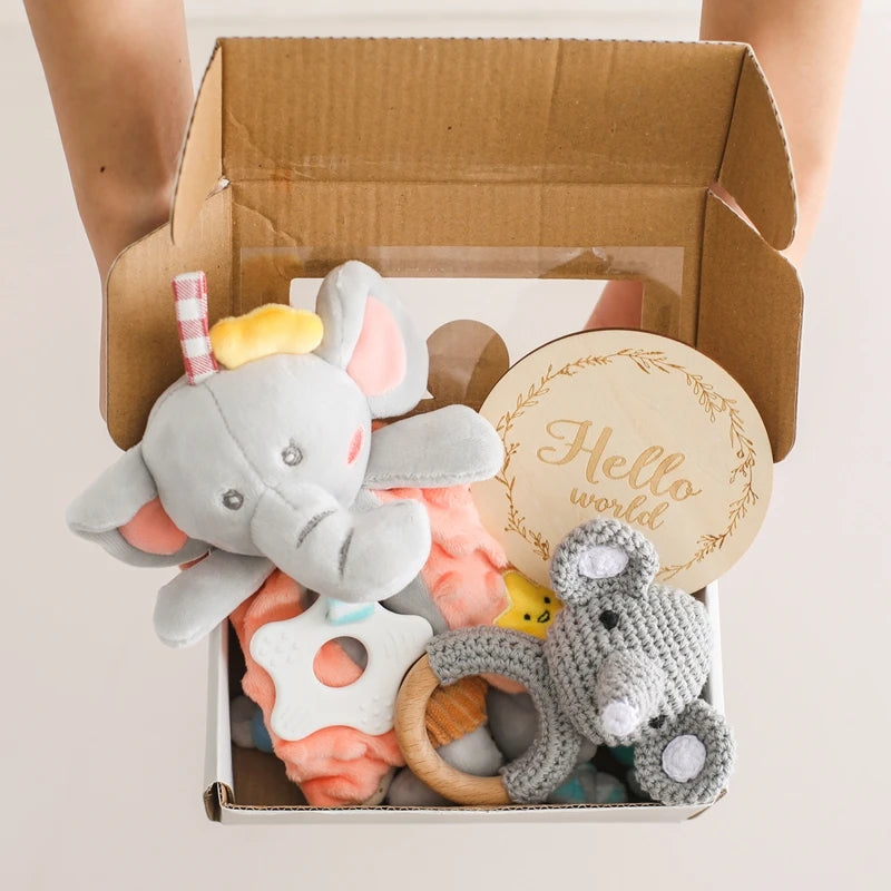 Baby Rattle & Teether Set – Soft Cotton Animal Toy with Crochet Sensory Doll