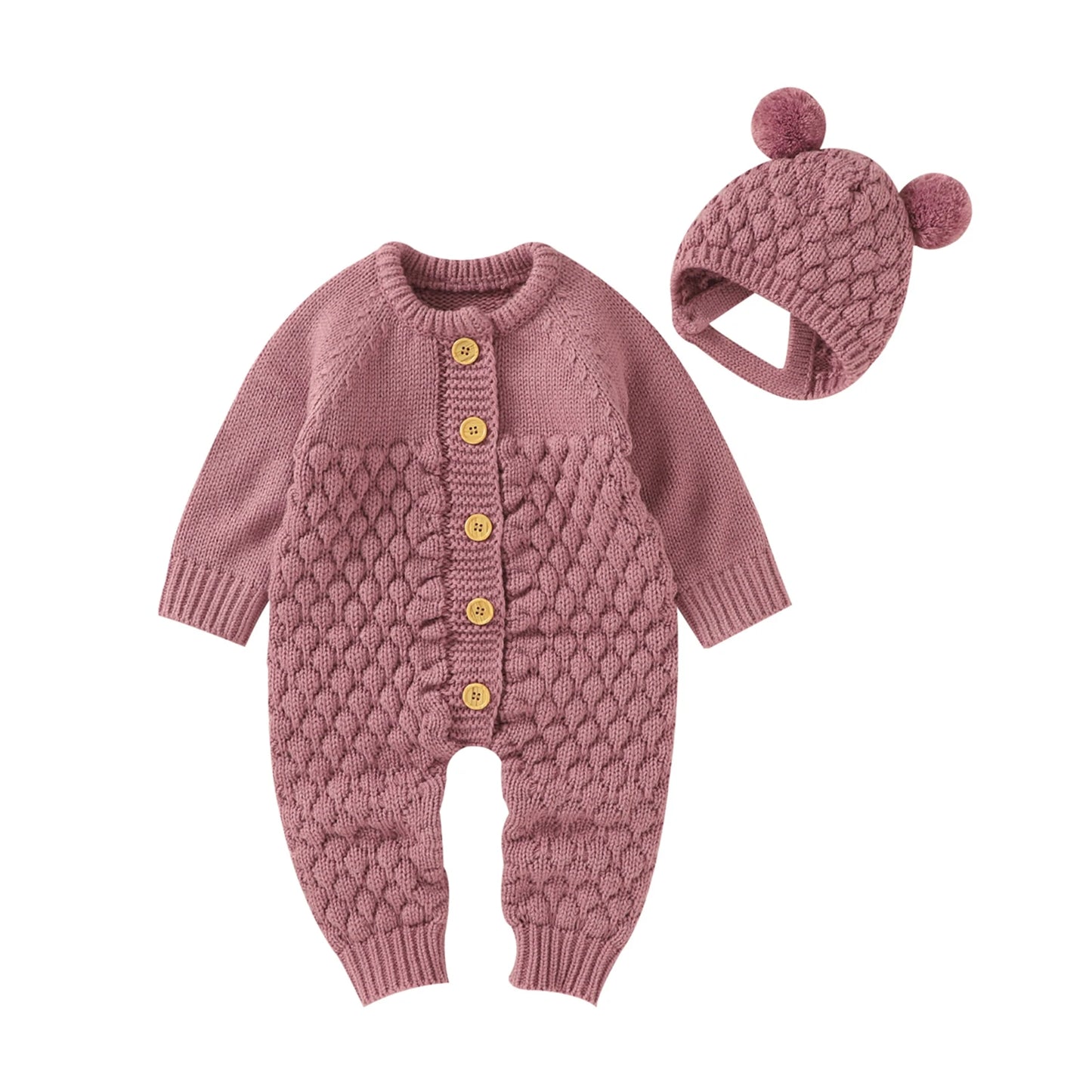 2PCS Infant Winter Outfit – Baby Knitted Jumpsuit with Bear Hat