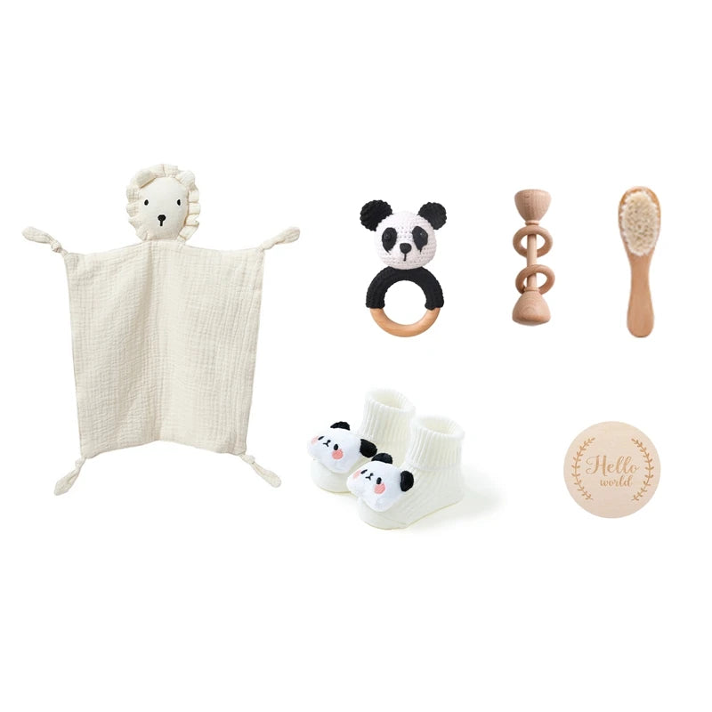 7 PCS Baby Shower Gift Set – Double-Sided Cotton Blanket, Bath Accessories & Wooden Crochet Rattle