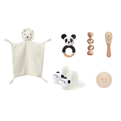 7 PCS Baby Shower Gift Set – Double-Sided Cotton Blanket, Bath Accessories & Wooden Crochet Rattle