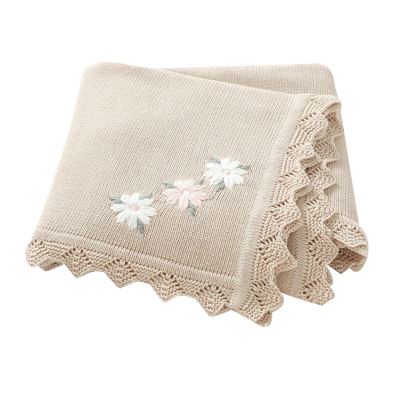 Floral Embroidered Baby Cotton Blanket – Knitted Newborn Cover