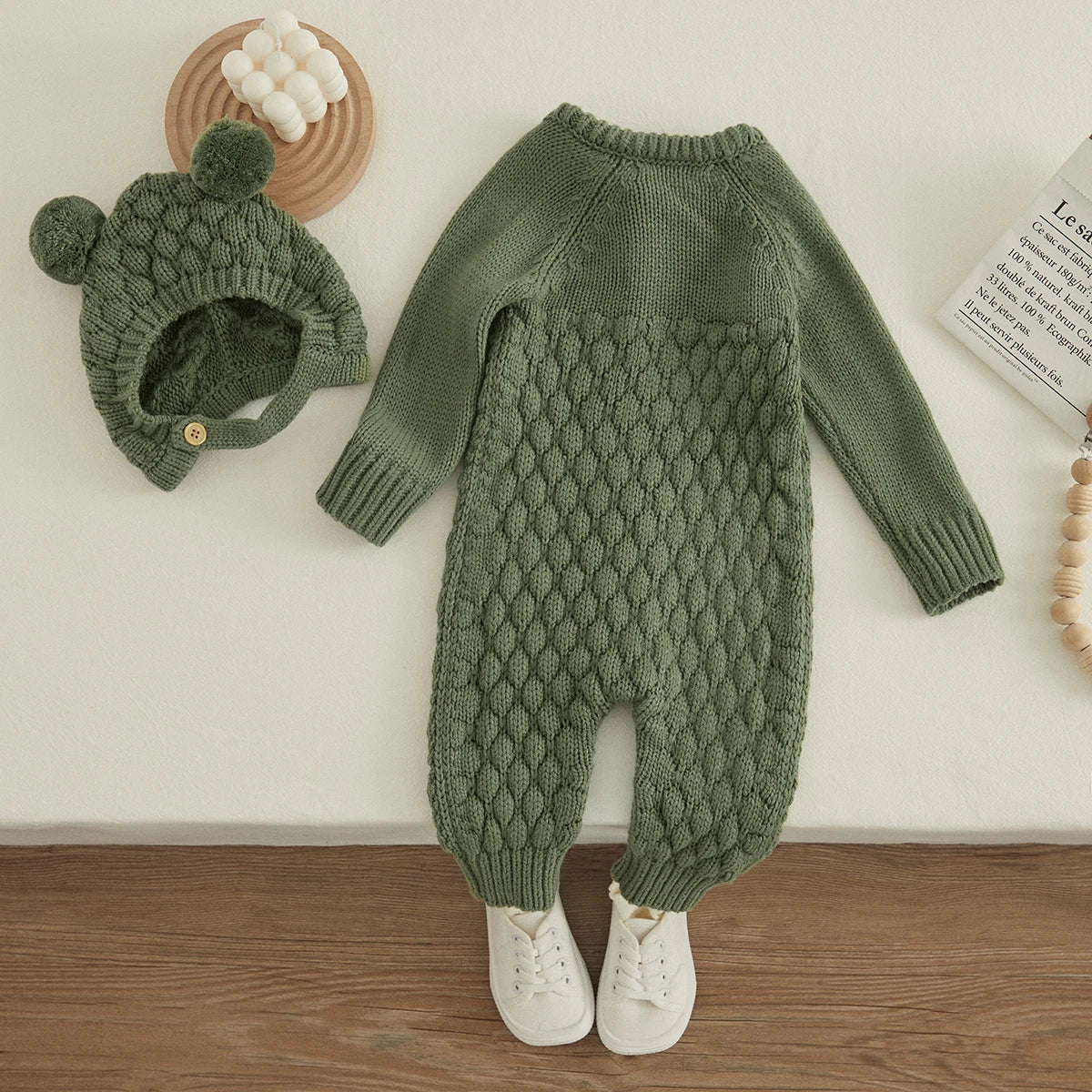 2PCS Infant Winter Outfit – Baby Knitted Jumpsuit with Bear Hat