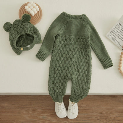 2PCS Infant Winter Outfit – Baby Knitted Jumpsuit with Bear Hat