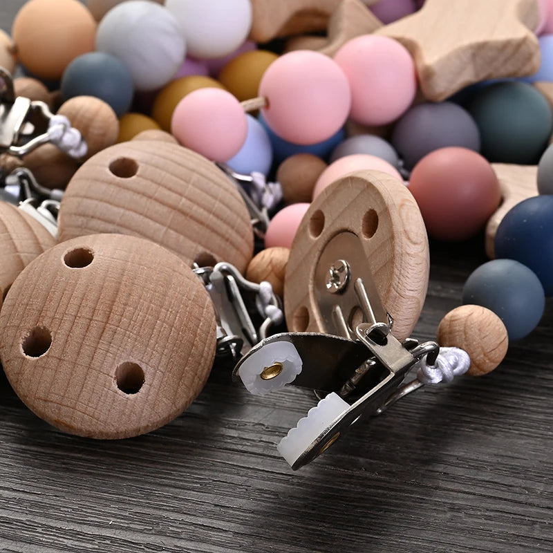 Baby Teething Pacifier Clip with Wooden Beads